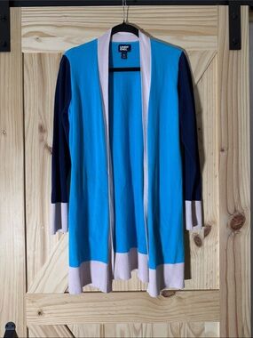Lands' End Blue and Navy Open Front Colorblock Cardigan with Pink Trim